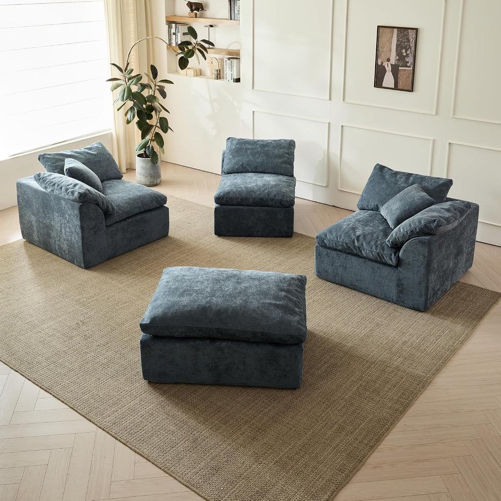 109' Modern Cloud Couches for Living Room, Deep Seat Convertible L-Shape Boneless Couch with Ottoman, Oversized Comfy 3-Seater Couch Chenille Fabric Compressed Sofa Modular Sectional Sofa, (Blue)