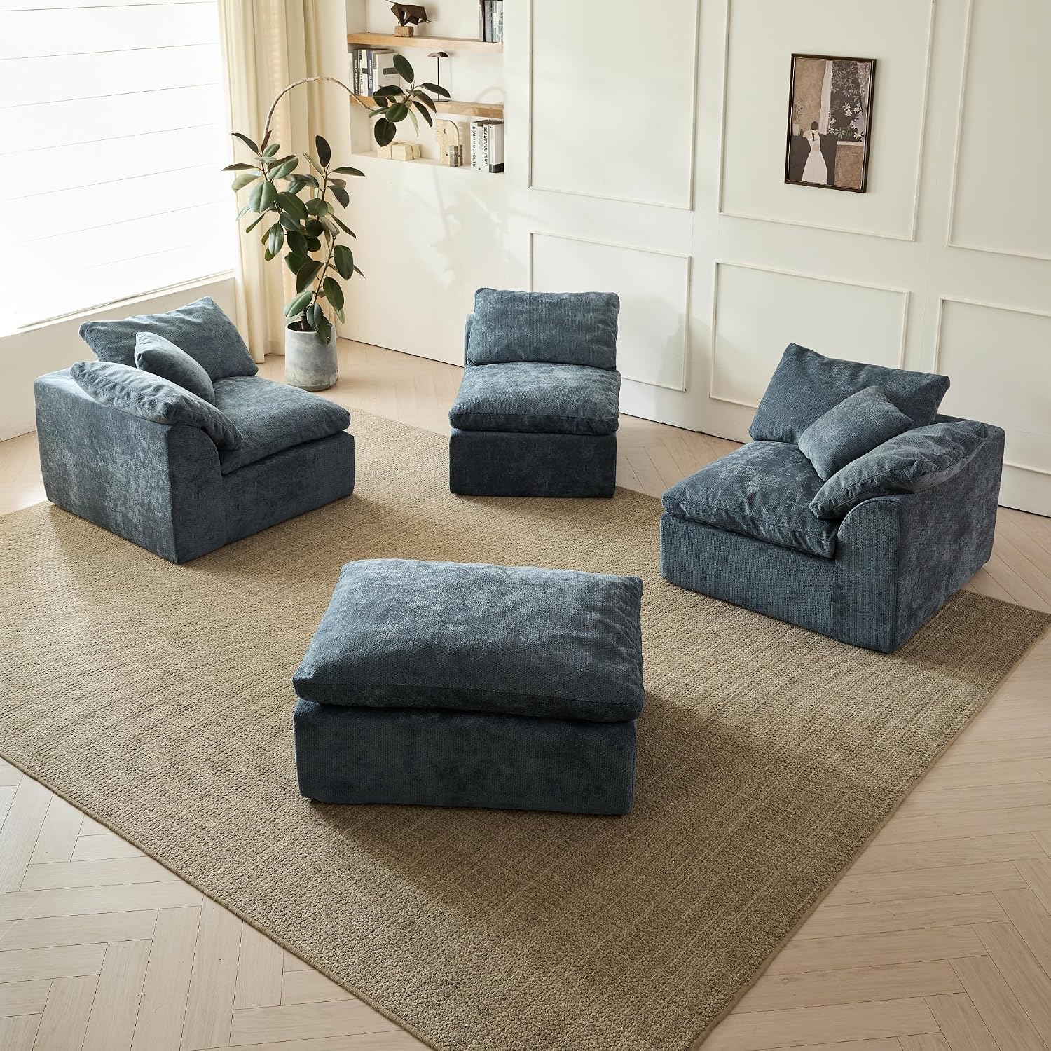 109' Modern Cloud Couches for Living Room, Deep Seat Convertible L-Shape Boneless Couch with Ottoman, Oversized Comfy 3-Seater Couch Chenille Fabric Compressed Sofa Modular Sectional Sofa, (Blue)