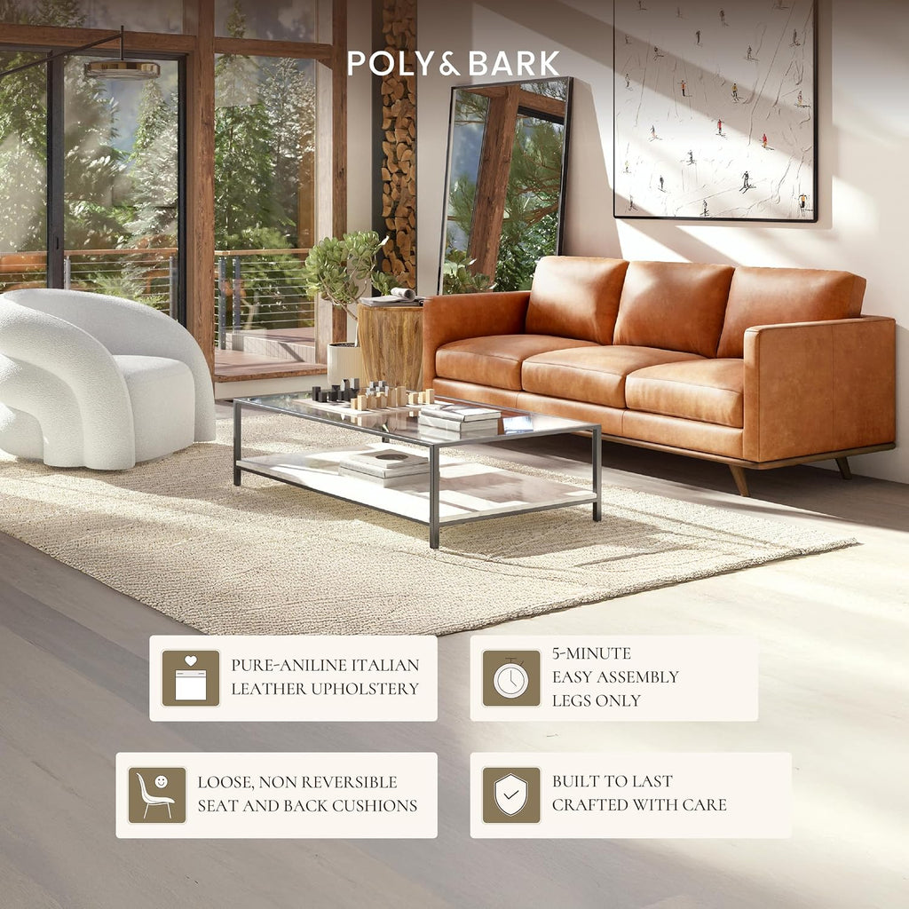 POLY & BARK Nolita 85' Leather Sofa – Full-Grain Italian Aniline Leather, Feather-Down Comfort, Solid Wood Base – Cognac Tan