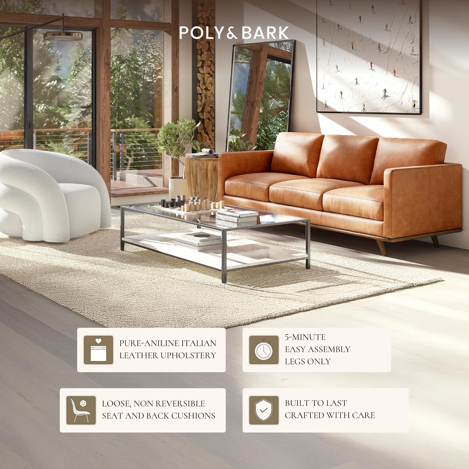 POLY & BARK Nolita 85' Leather Sofa – Full-Grain Italian Aniline Leather, Feather-Down Comfort, Solid Wood Base – Cognac Tan