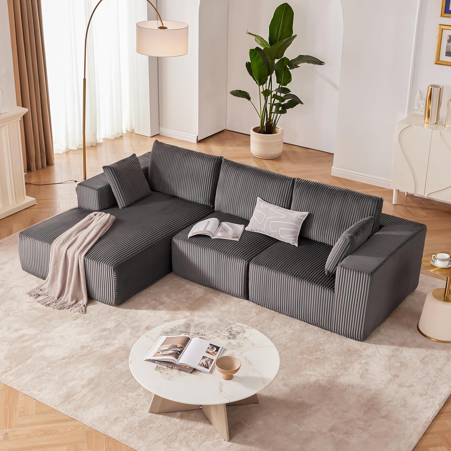 108' Modular Sectional Sofa, Cloud Sectional Couch with Deep Seat, Upholstered Boneless Couches for Living Room Bedroom, Modern Modular L-Shape Sofa Couch with Chaise (Left Facing Chaise, Dark Gray)