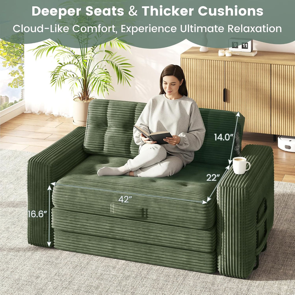 Convertible Sofa Bed, 2 in 1 Boneless Couch Bed with 2 Pillows, Corduroy Pull out Couch Folding Sofa Bed with Deep Seat, Small Loveseat Sleeper Sofa Bed in a Box for Small Spaces, No Assembly, Green