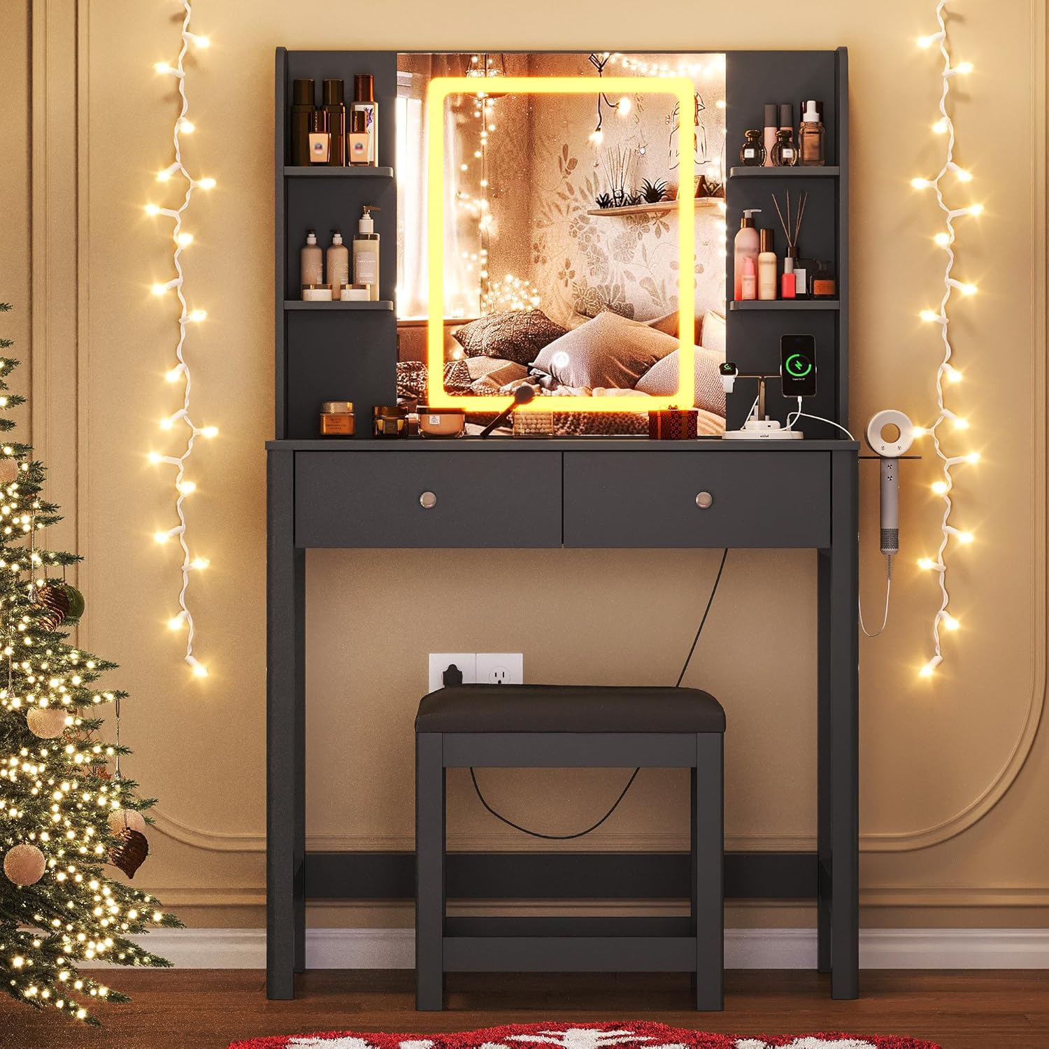 Vanity Desk with Mirror and LED Lights, Small Makeup Vanity Table Set with Drawers and Chair, Dressing Table with Power Outlet for Girls Bedroom, Black