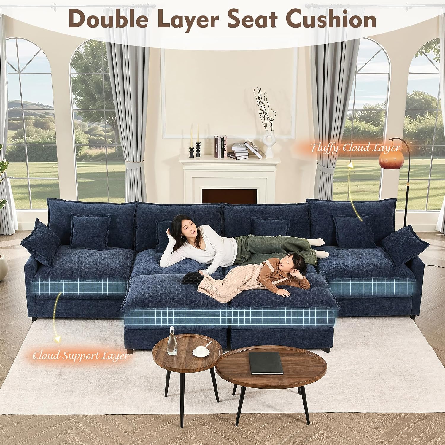 GOSUHI 142.5' U Shaped Couch, Modular Sectional Sofa, 3-Seater Comfy Cloud Couch, Set of Modular Pieces with Movable Ottoman, Deep Seat Couches for Living Room, Chenille, Navy