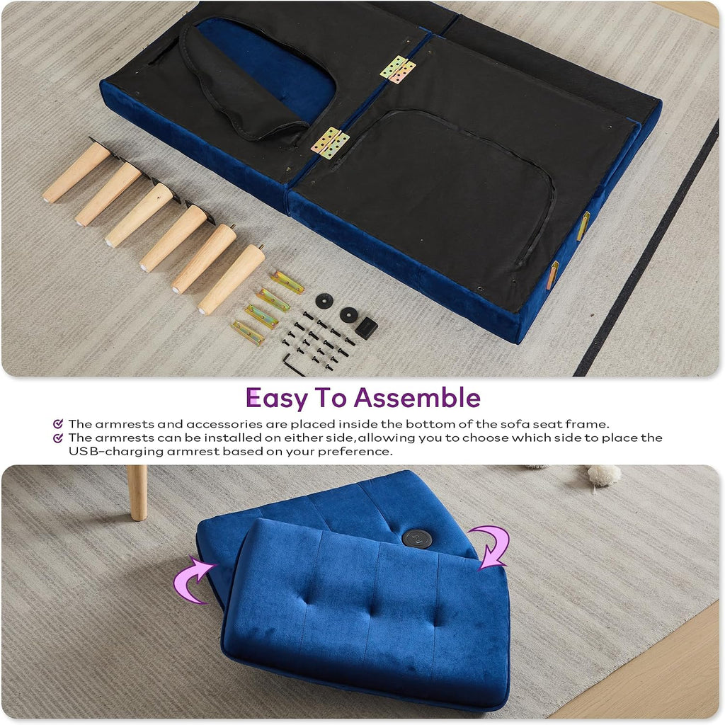 TYBOATLE 62.99' W Velvet Modern Convertible Folding Futon Couch Sofa Bed w/ 2 USB Charging Ports for Compact Living Space, Small Couches for Office, Dorm, RV Room, Apartment, Bedroom (Navy Blue)