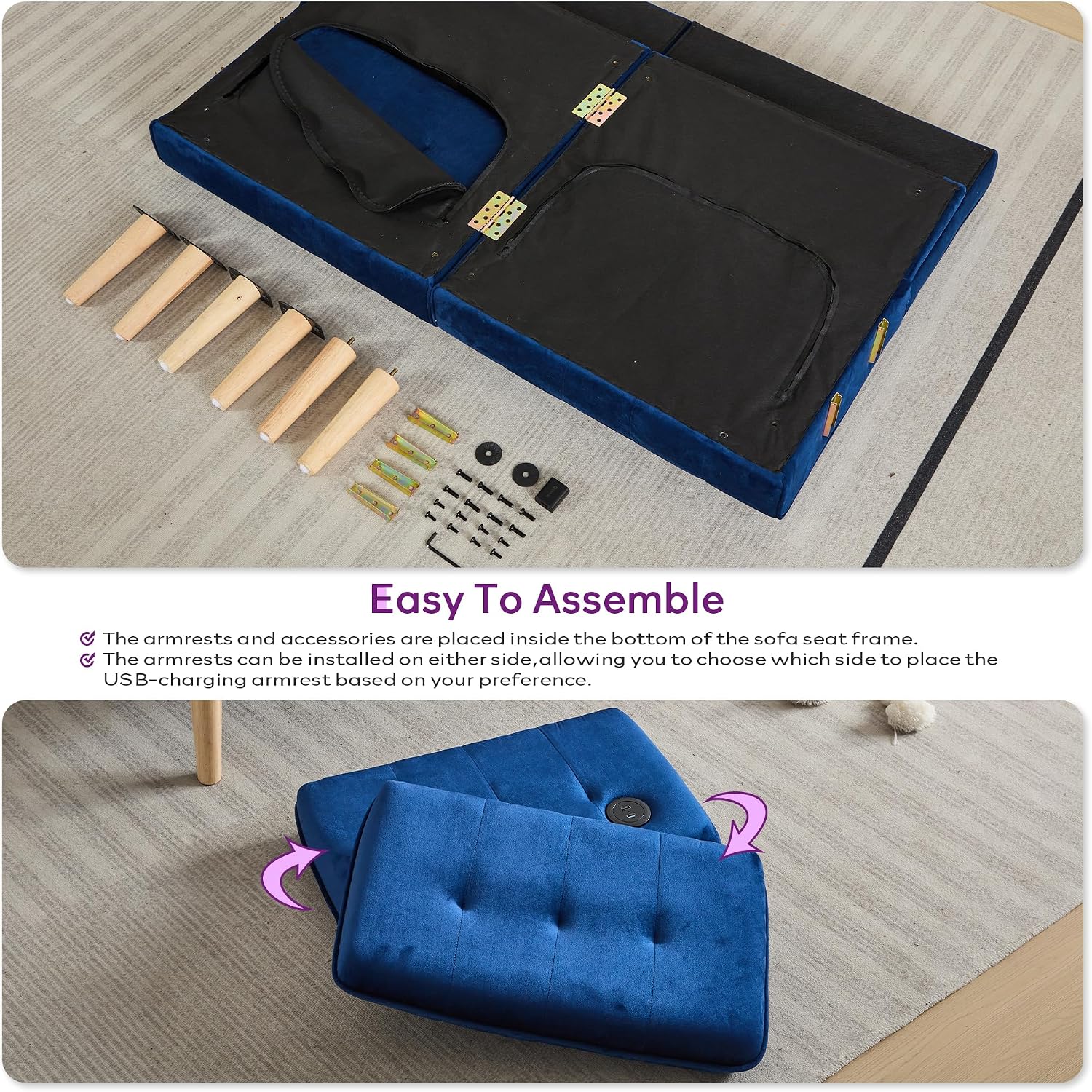 TYBOATLE 62.99' W Velvet Modern Convertible Folding Futon Couch Sofa Bed w/ 2 USB Charging Ports for Compact Living Space, Small Couches for Office, Dorm, RV Room, Apartment, Bedroom (Navy Blue)