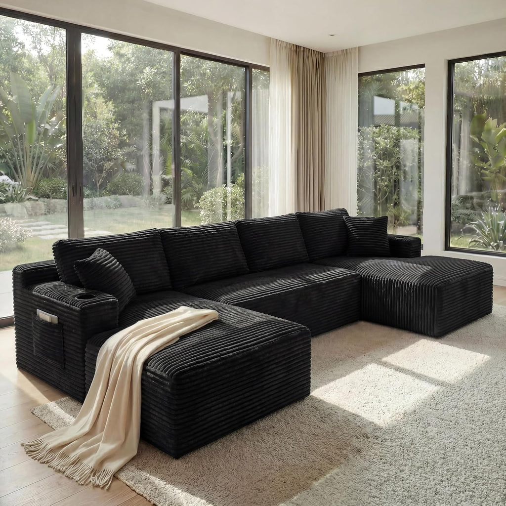 133' Oversized Cloud Boneless Sofa Couch with Chaise, Modern Corduroy U Shaped Modular Sectional Sofa with Deep Seat, Comfy Couch with Cupholders and Storage, No Assembly Required-Black