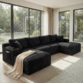 133' Oversized Cloud Boneless Sofa Couch with Chaise, Modern Corduroy U Shaped Modular Sectional Sofa with Deep Seat, Comfy Couch with Cupholders and Storage, No Assembly Required-Black