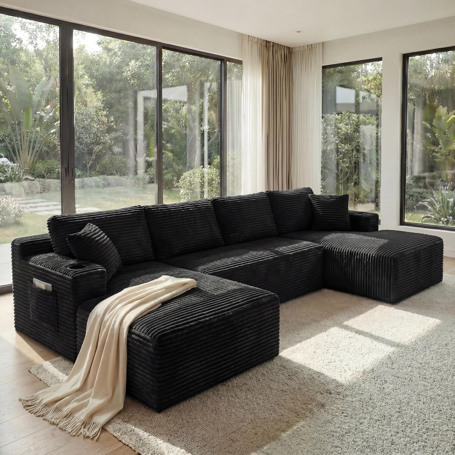 133' Oversized Cloud Boneless Sofa Couch with Chaise, Modern Corduroy U Shaped Modular Sectional Sofa with Deep Seat, Comfy Couch with Cupholders and Storage, No Assembly Required-Black