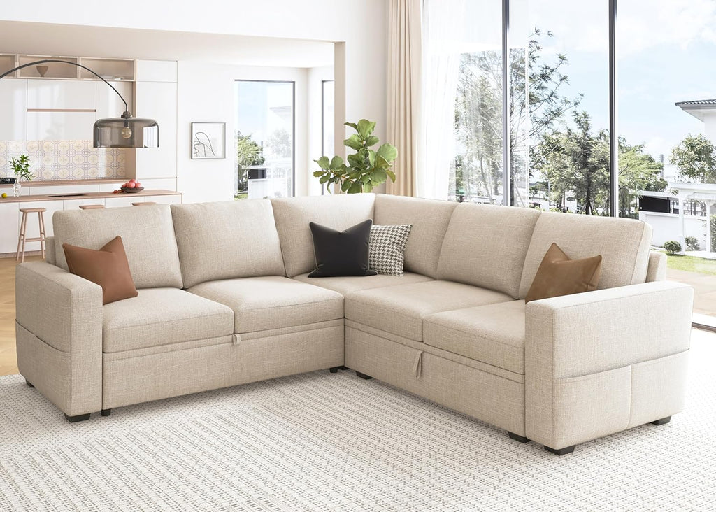 HONBAY Modular Sectional Sleeper Sofa with Pull Out Bed, L Shaped Couch with Storage Seat, Convertible Sectional Couches for Living Room, Beige