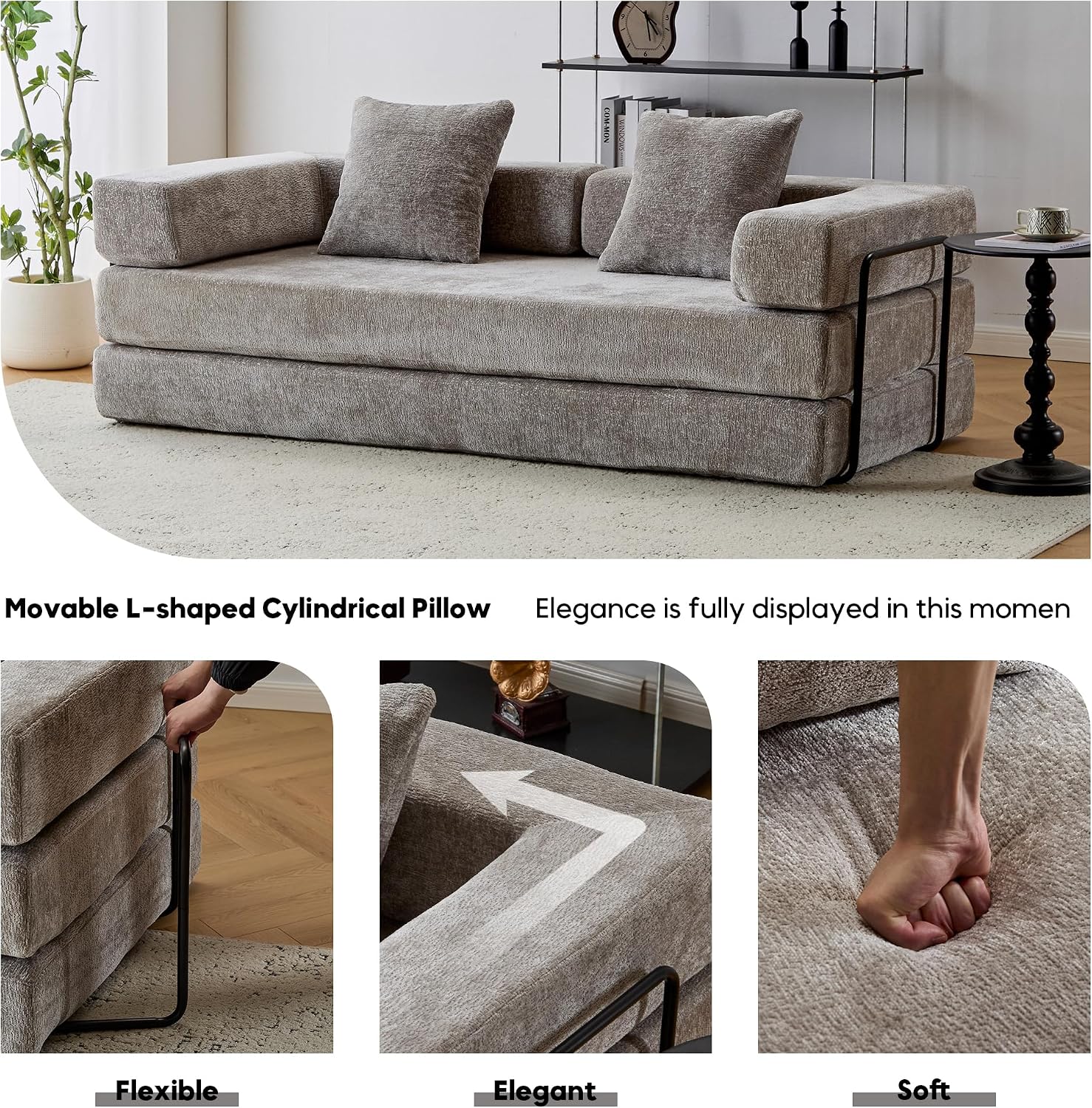ZEIINPA Convertible Floor Sofa Bed with Fixed-Shape Frame, Modular Chenille Folding Mattress Couch with Armrest, Floor Sofa Lounge Couch for Living Room Bedroom Lounge Studio,Light Grey