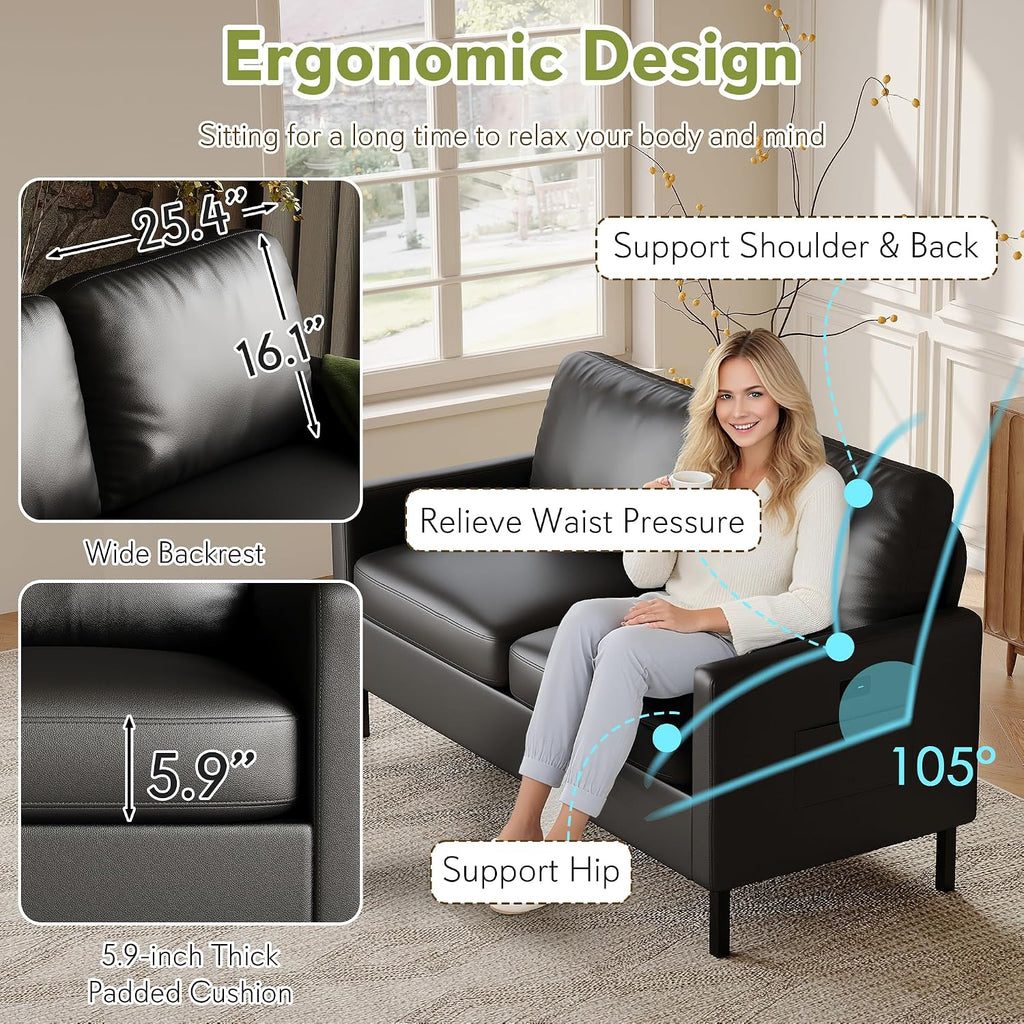 STHOUYN 56' W Faux Leather Loveseat w/ 2 USB, Black Love Seat w/Side Pockets, Small Loveseat for Small Space, Leather Couch for Bedroom, Apartment, Dorm, Black
