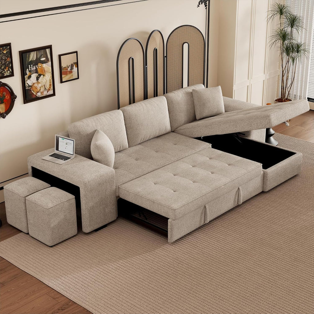 104.5 inch Reversible Sleeper Sectional Sofa with Pull Out Bed , Convertible L Shaped Sectional Couch with Storage Chaise and 2 Stools , Tufted Upholstered Pullout Sofa Bed for Living Room Apartment