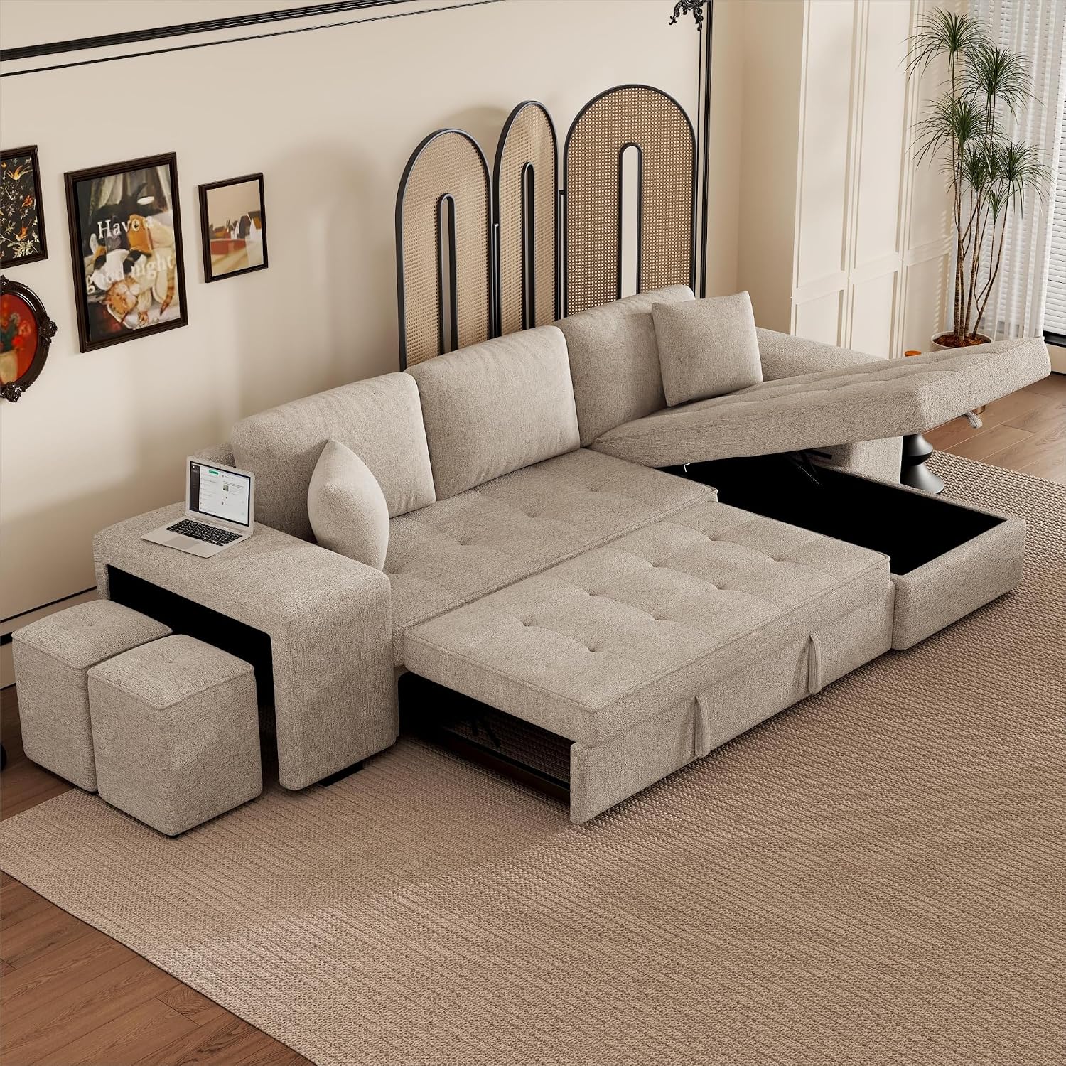 104.5 inch Reversible Sleeper Sectional Sofa with Pull Out Bed , Convertible L Shaped Sectional Couch with Storage Chaise and 2 Stools , Tufted Upholstered Pullout Sofa Bed for Living Room Apartment