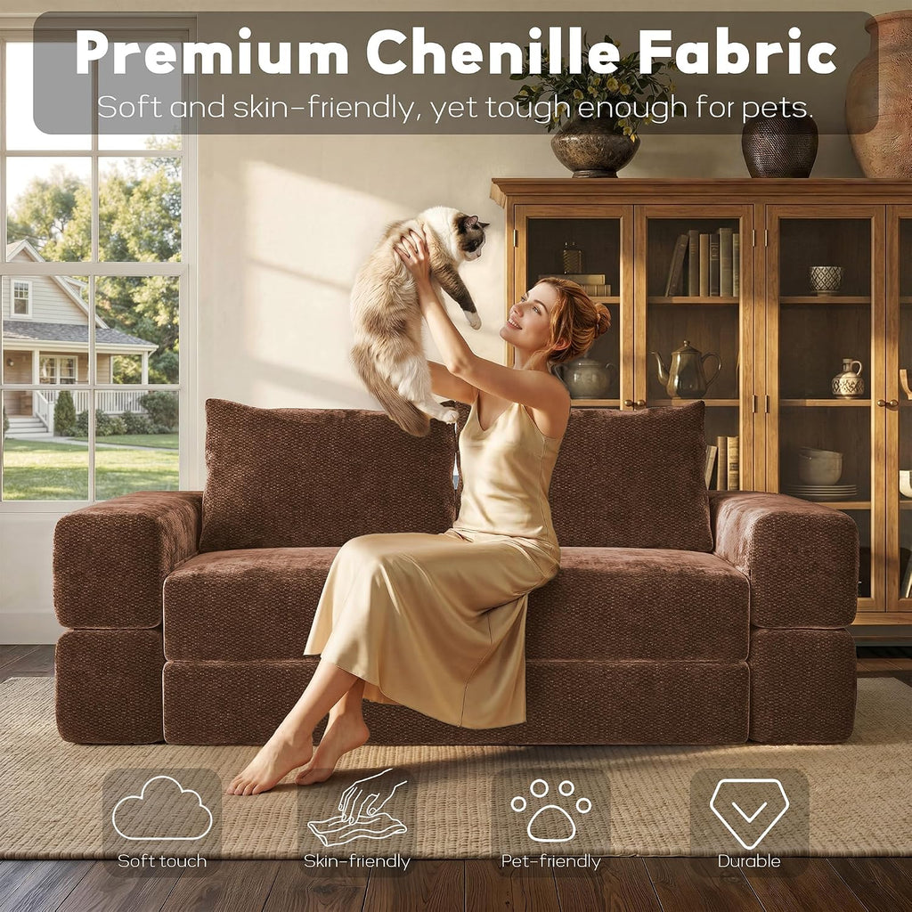 75'' Folding Convertible Sofa Bed with Large Pillow, 4-in-1 Foldable Pull Out Futon Sofa Bed, Chenille Boneless Mattress Couch, No Assembly Floor Sleeper Sofa Bed for Living Room/Bedroom, Caramel