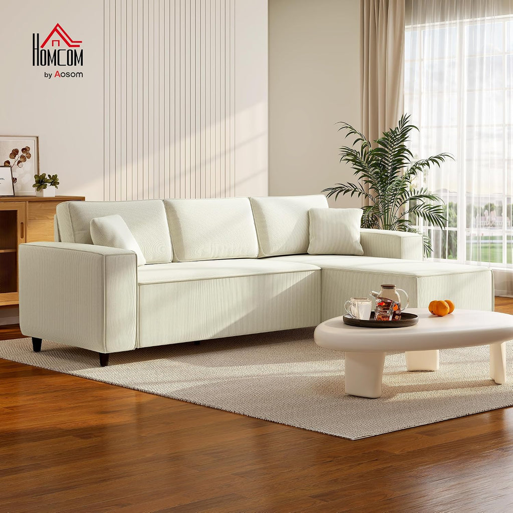 HOMCOM 95' Sectional Sofa with Reversible Chaise Lounge, L-Shaped Corner Sofa with Corduroy Fabric, Pocket Spring, 2 Pillows, Wide Arm, Thick Padded, 3 Seat Couch for Living Room, Cream White