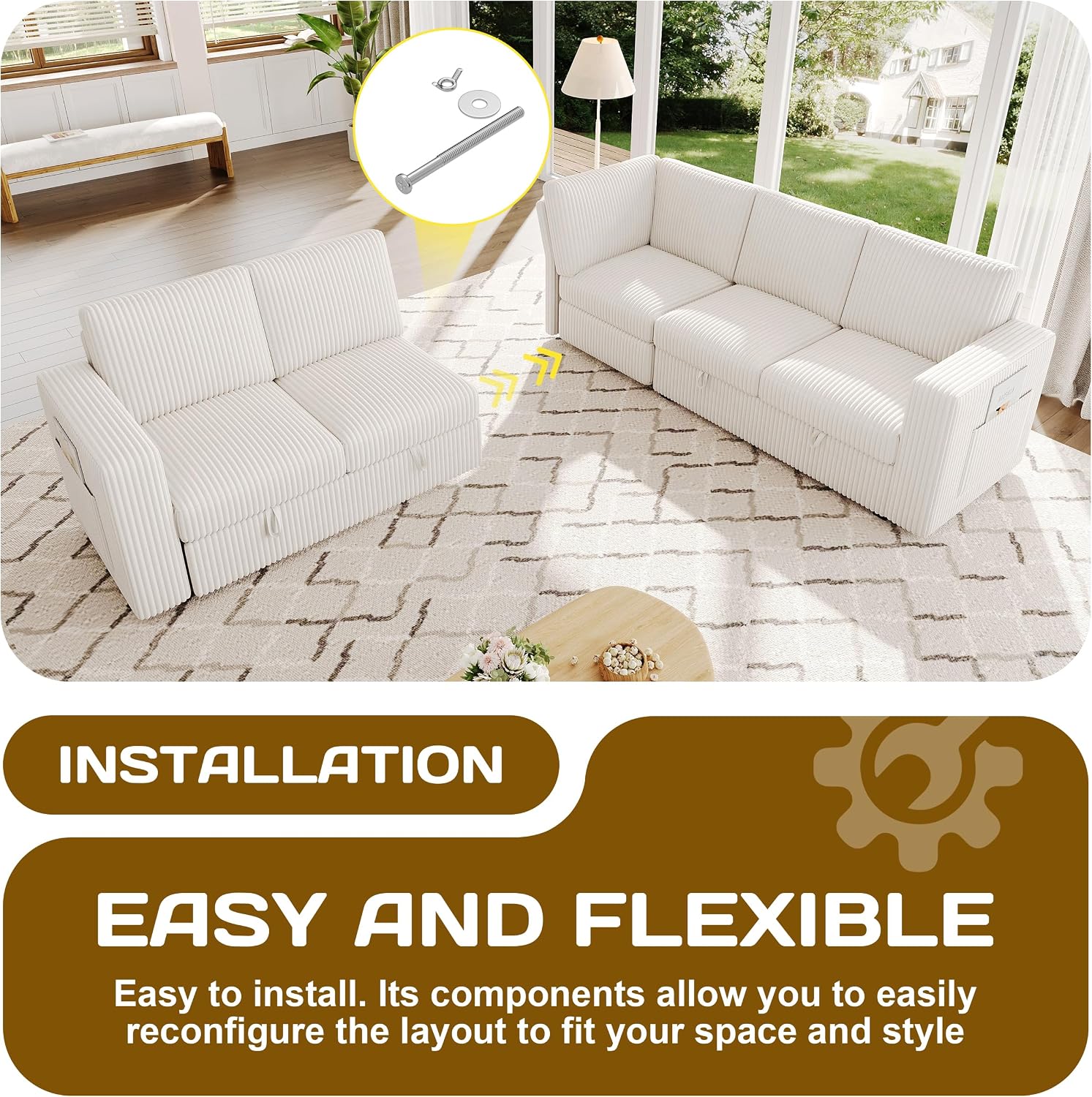 83.5' Sectional Sleeper Sofa with Pull Out Couch, Modern 5 Seat L Shaped Modular Couch, Sectionals Modular Sofa with Storage, Comfy Corduroy Couches Sectional for Living Room & Apartment, Beige