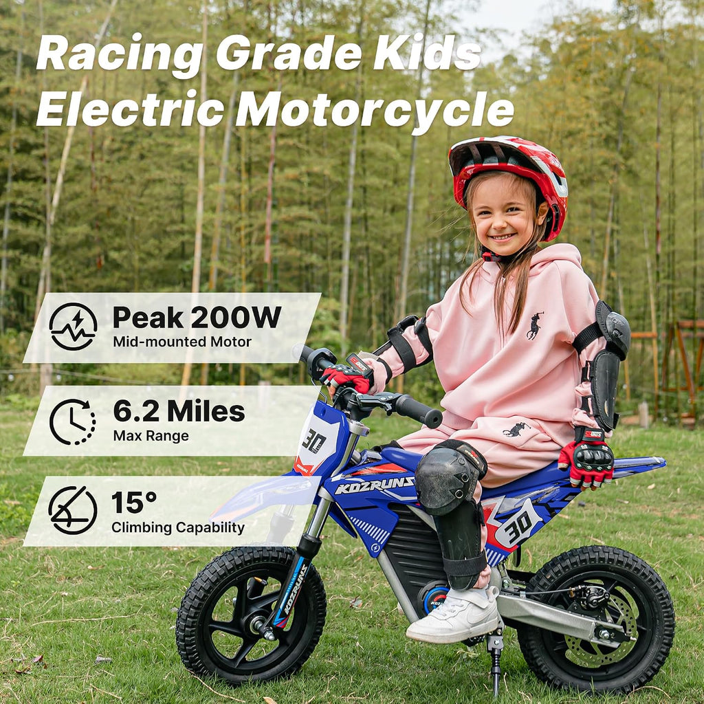 OLALA Electric Dirt Bike for Kids 3-5, 12' Electric Motorcycle with 200W Motor, 2-Speed Safety Mode, Beginner Dirt Bike with Disc Brake, Outdoor Ride On Toy Gift, Blue