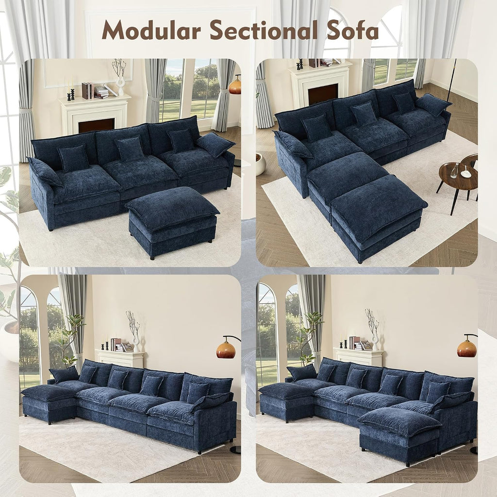 GOSUHI 142.5' U Shaped Couch, Modular Sectional Sofa, 3-Seater Comfy Cloud Couch, Set of Modular Pieces with Movable Ottoman, Deep Seat Couches for Living Room, Chenille, Navy