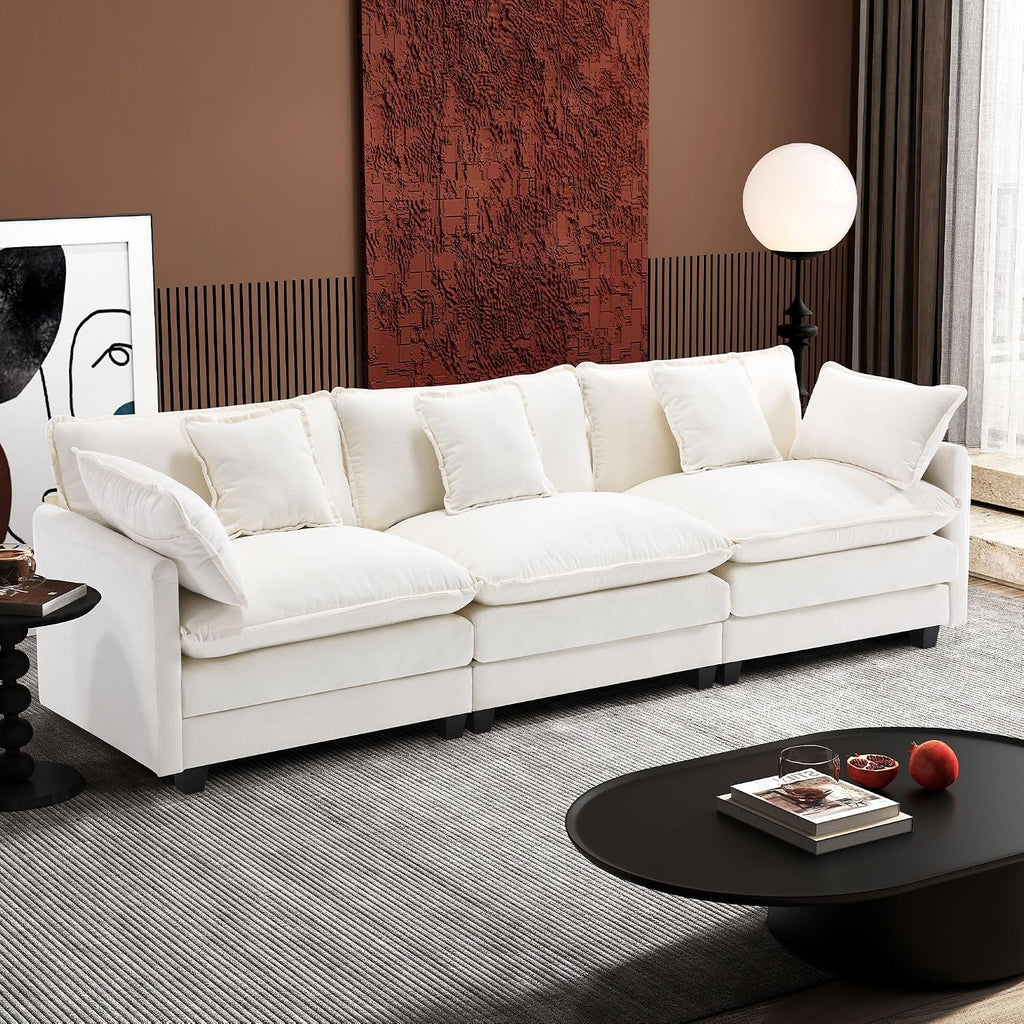 Ihanherry 111.4 Inch 3-Seater Cloud Sofa, Modular Sectional Couch, Modern Deep Seat Sofa for Living Room, Comfy Double Layer Upholstered Seat Cushion, Breathable Chenille Fabric, Beige