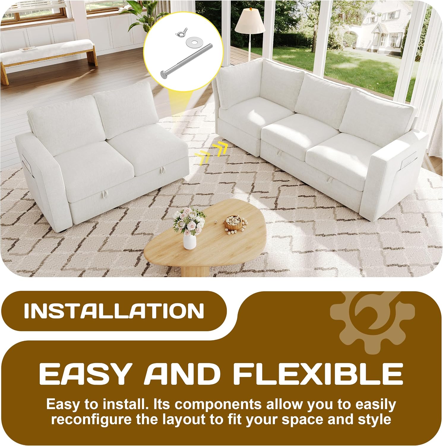 83.5' Sectional Sleeper Sofa with Pull Out Couch, Modern 5 Seat L Shaped Modular Couch, Sectionals Modular Sofa with Storage, Comfy Sectional Couches for Living Room & Apartment, Light Beige