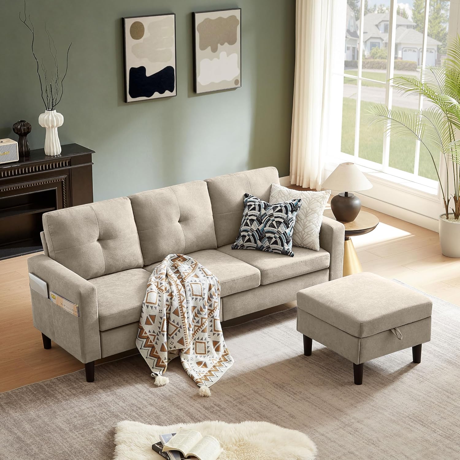 3 Piece Living Room Sofa Sets, Modern 3 Seater Sofa with Storage Ottoman and 2 PSC Armchair Couch Sets, Easy Assembly, Modern 5 Seat Sectional Couches for Living Room, Office,Beige