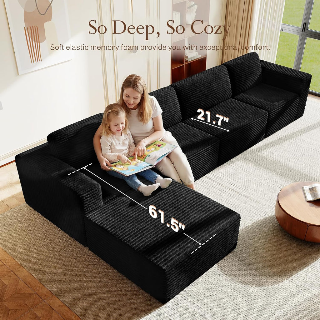 Vesgantti 159' Large Modular Sectional Sofa, L-Shaped Corduroy Cloud Couch with Deep Seats & Spring Support, 4-Seater Boneless Sofa with Movable Ottoman, No Assembly Needed, Black