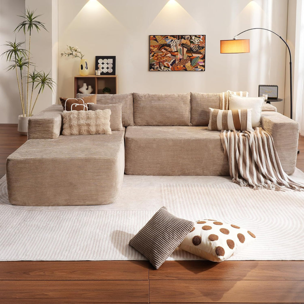 ovios 104' Cloud Boneless Couch with L-Shape Chaise,Modern Sectional Modular Sofa with Deep Seat, Upholstered Couches for Living Room Bedroom,No Assembly Required, Camel (Corduroy Fabric)