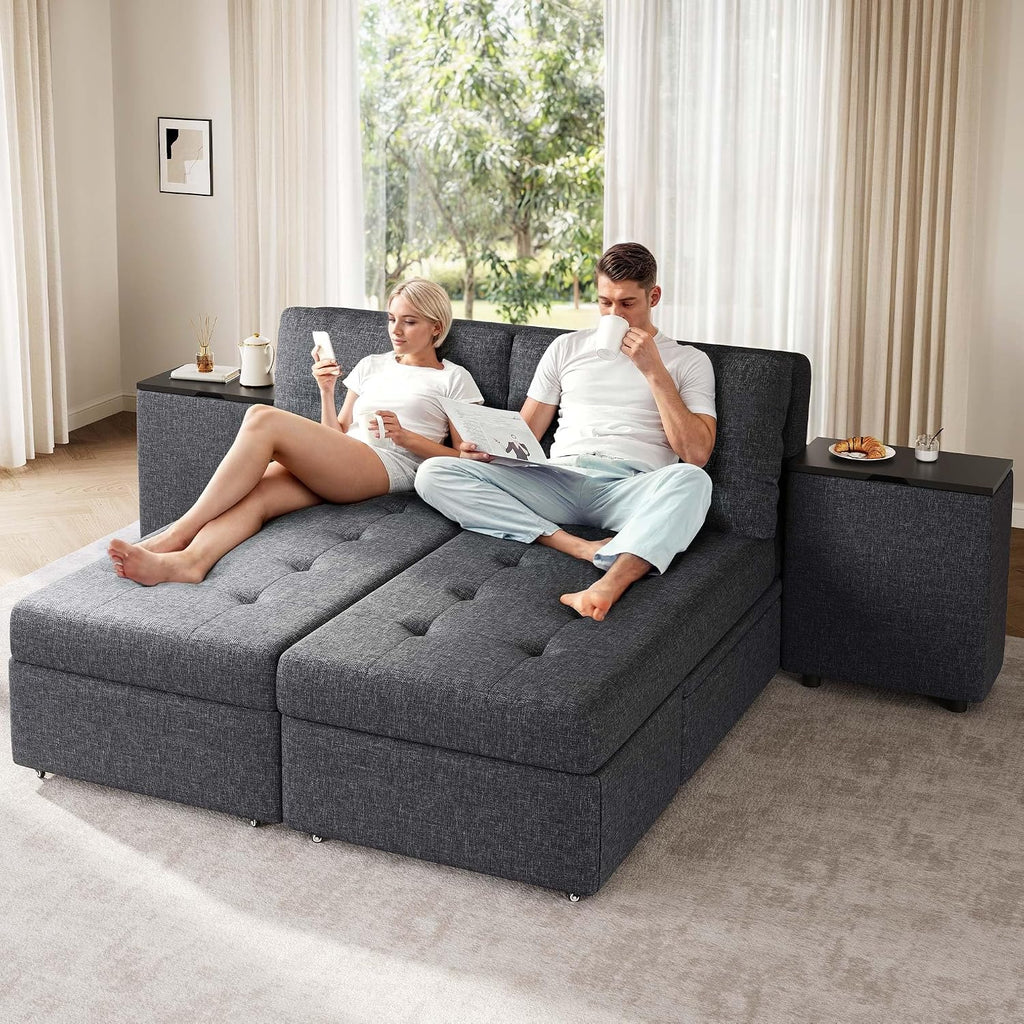 YITAHOME Queen Size Sleeper Sofa, 5-in-1 Convertible Sofa Bed Couch with 2 Storage Cabinets and USB Ports, 100' Sectioanl Sofa Couch with 2 Throw Pillow for Living Room, Grey Linen Fabric