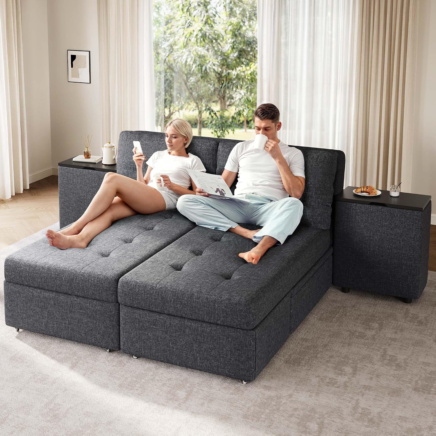 YITAHOME Queen Size Sleeper Sofa, 5-in-1 Convertible Sofa Bed Couch with 2 Storage Cabinets and USB Ports, 100' Sectioanl Sofa Couch with 2 Throw Pillow for Living Room, Grey Linen Fabric