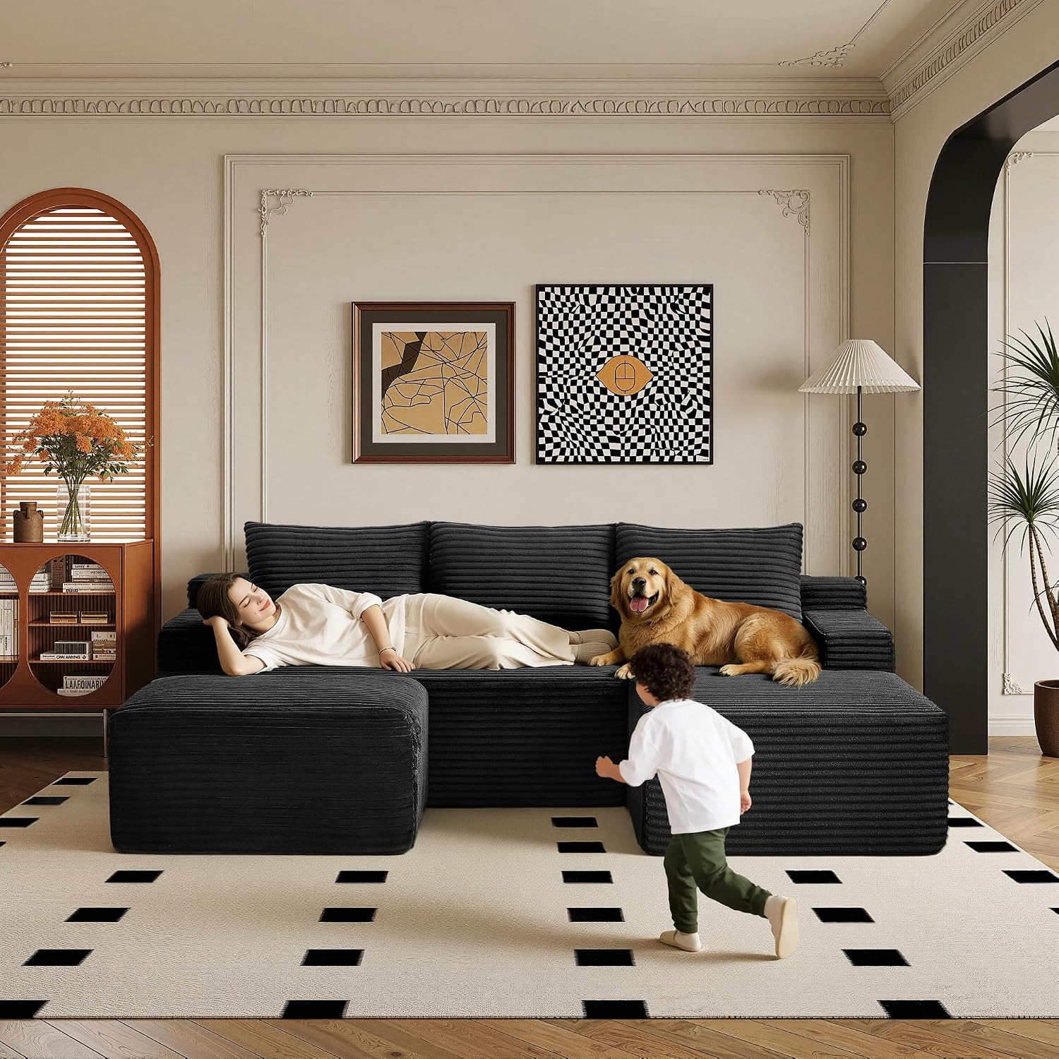 96''Sectional Couches for Living Room,Modern Modular Sectional Sofa,Upholstered Boneless Couch Comfy Cloud Couch with L Shaped Chaise (Black, 96''W Right Facing Chaise+Ottoman)