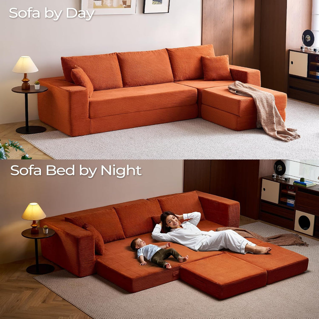 LINSY HOME Oversized Convertible Sofa Bed with 2 Pillows & Ottoman, Corduroy Boneless Couch Folding Modular Sleeper Sofa, L Shaped Couch Floor Sofa for Living Room Apartment, Upgrade Backrest (Orange)