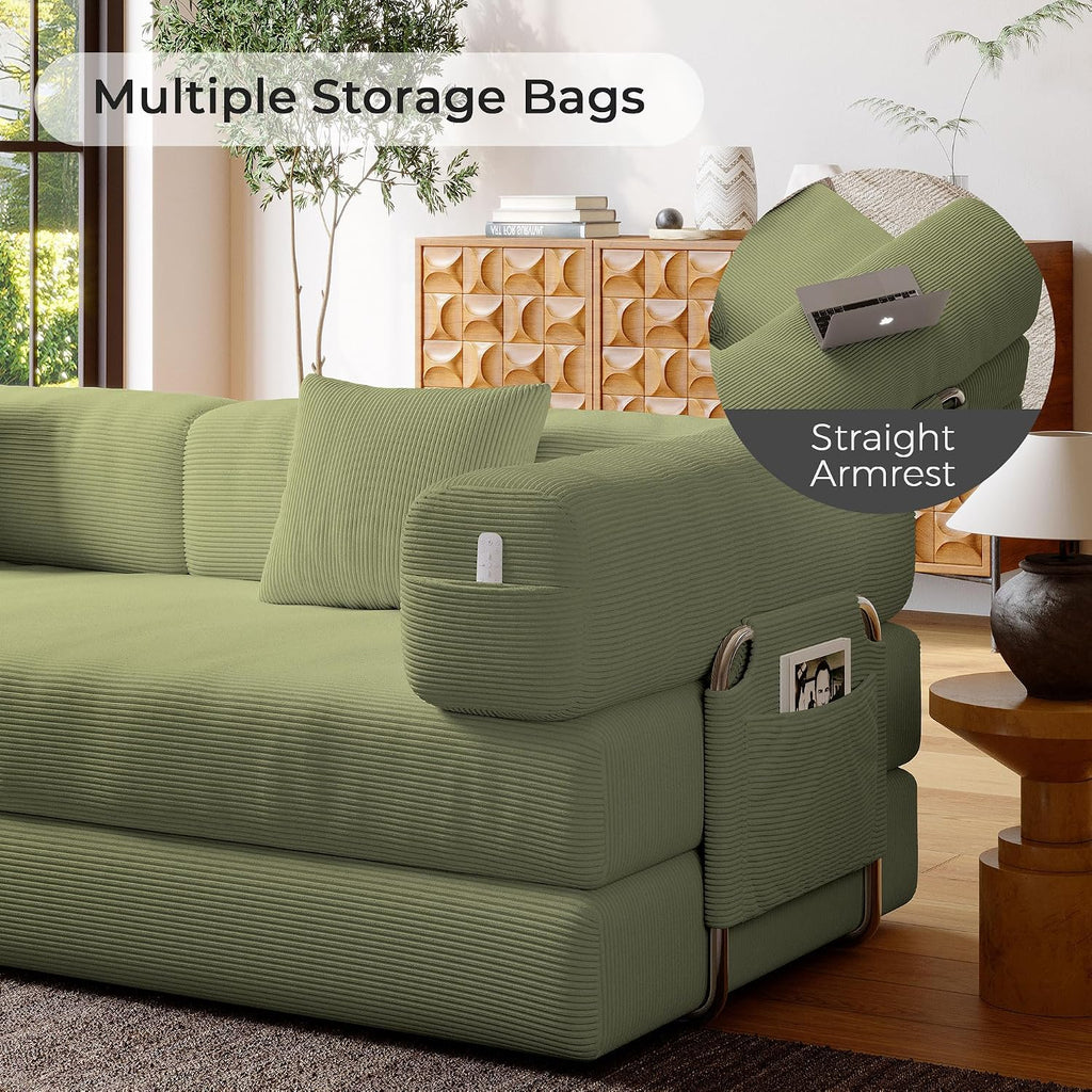 5-in-1 Folding Convertible Sofa Bed, Loveseat Sleeper with Pull-Out Bed, Floor Sofa Modular Futon Couch, 79' Oversized Corduroy Upholstered Boneless Couch for Living Room, Bedroom, Lounge, A-Green