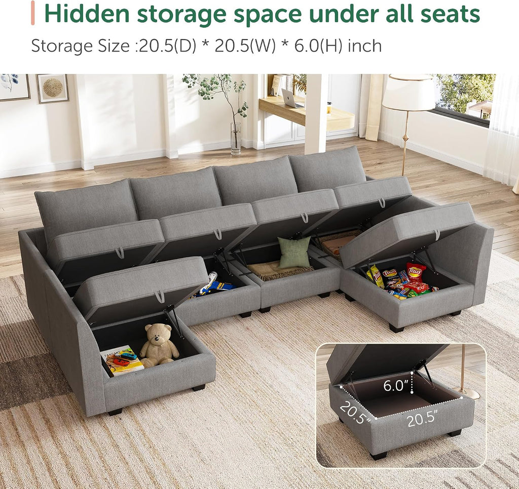 HONBAY Modular Sectional Sofa U Shaped Sectional Modular Sofa with Storage Convertible Sectional Couch for Living Room, Grey