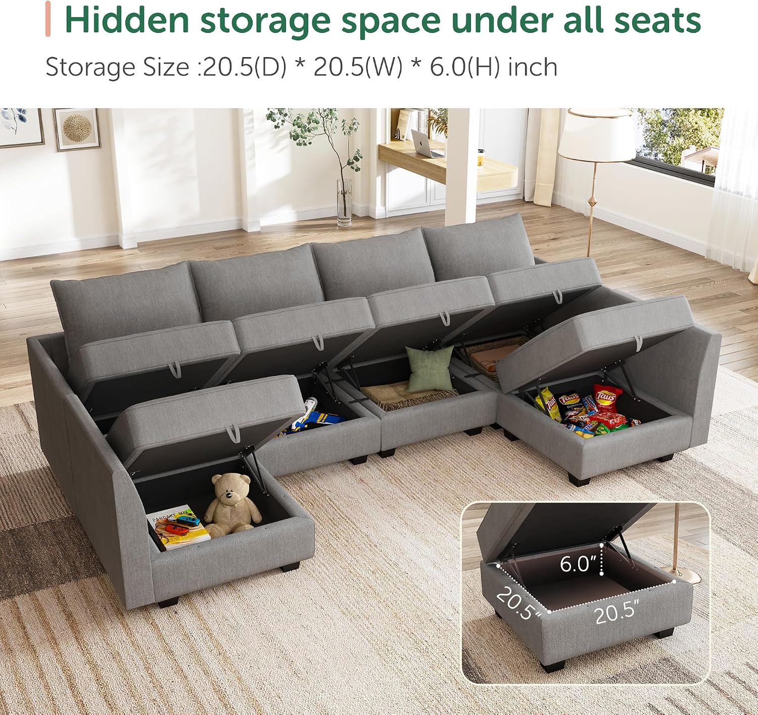 HONBAY Modular Sectional Sofa U Shaped Sectional Modular Sofa with Storage Convertible Sectional Couch for Living Room, Grey