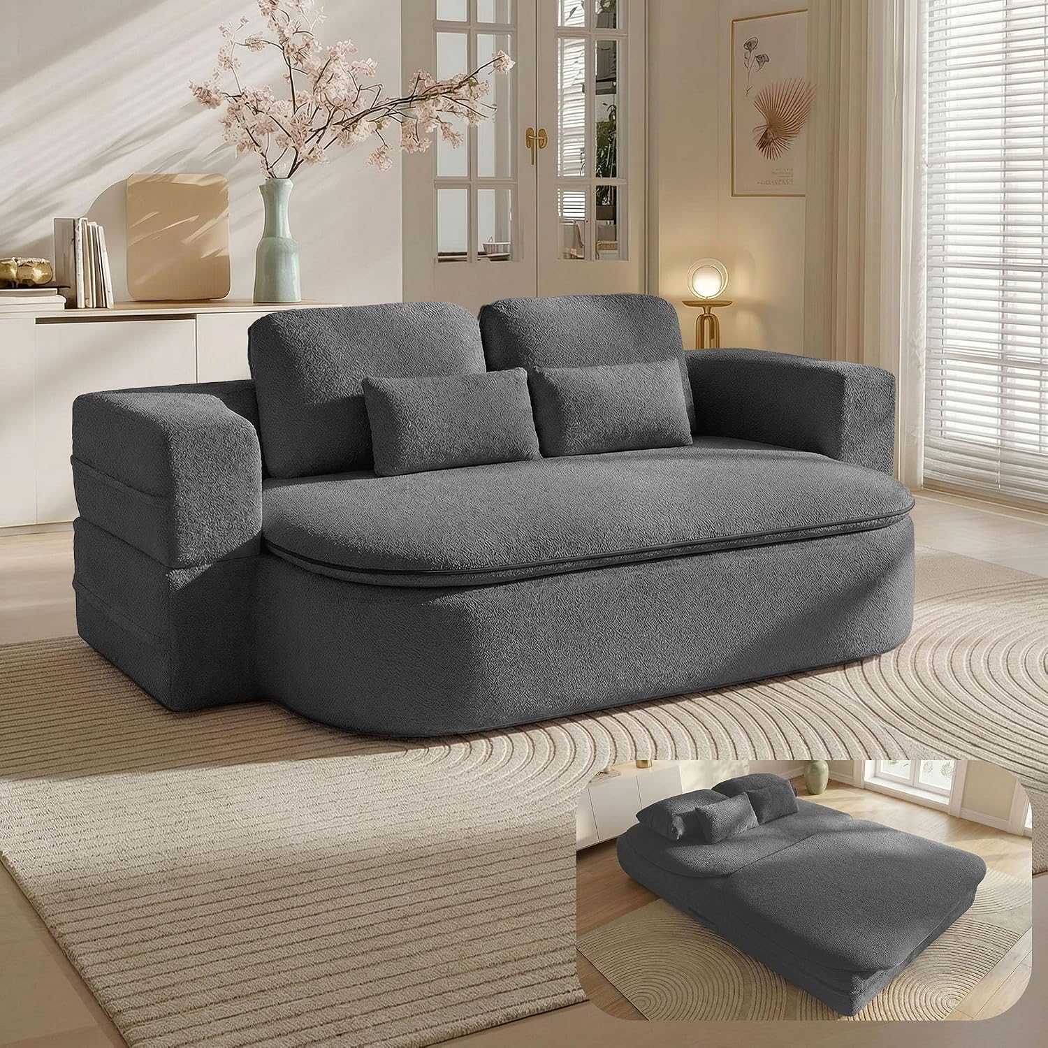 75'' Folding Sleeper Sofa Bed, Convertible Memory Foam Boneless Couch, Foldable Full Size Guest Bed, Modern 2-in-1 Futon Floor Sleeper Sofa with 4 Pillows and Blanket (Teddy, Dark Gray)