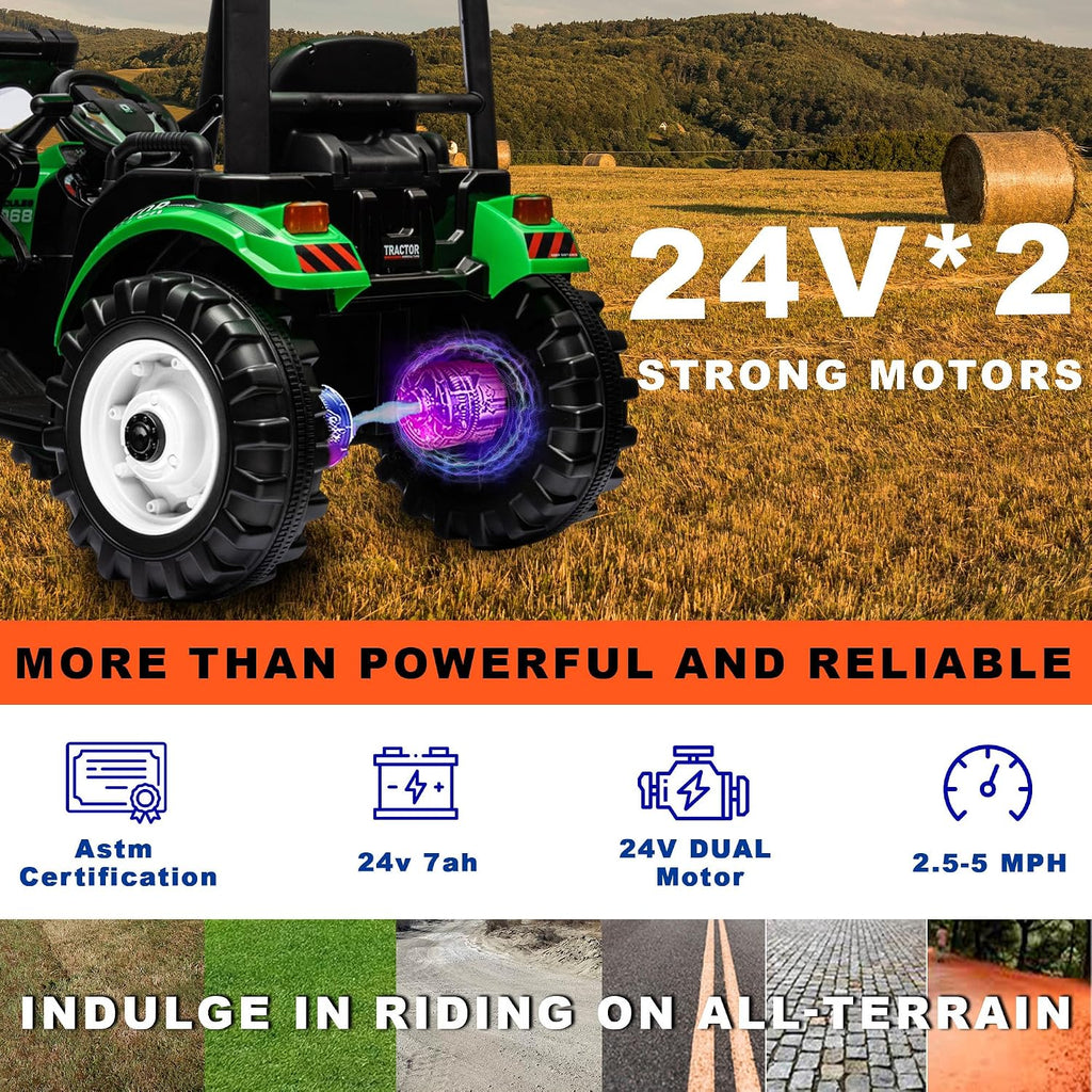 Kidsera 24V Kids Ride on Tractor with Trailer & Front Loader, 3 In1 Tractor 4-Gearbox 24volt Dual Motors Metal Frame, 24V Ride on Toys for Big Kids, Power Wheels Kids Electric Vehicles (Green)
