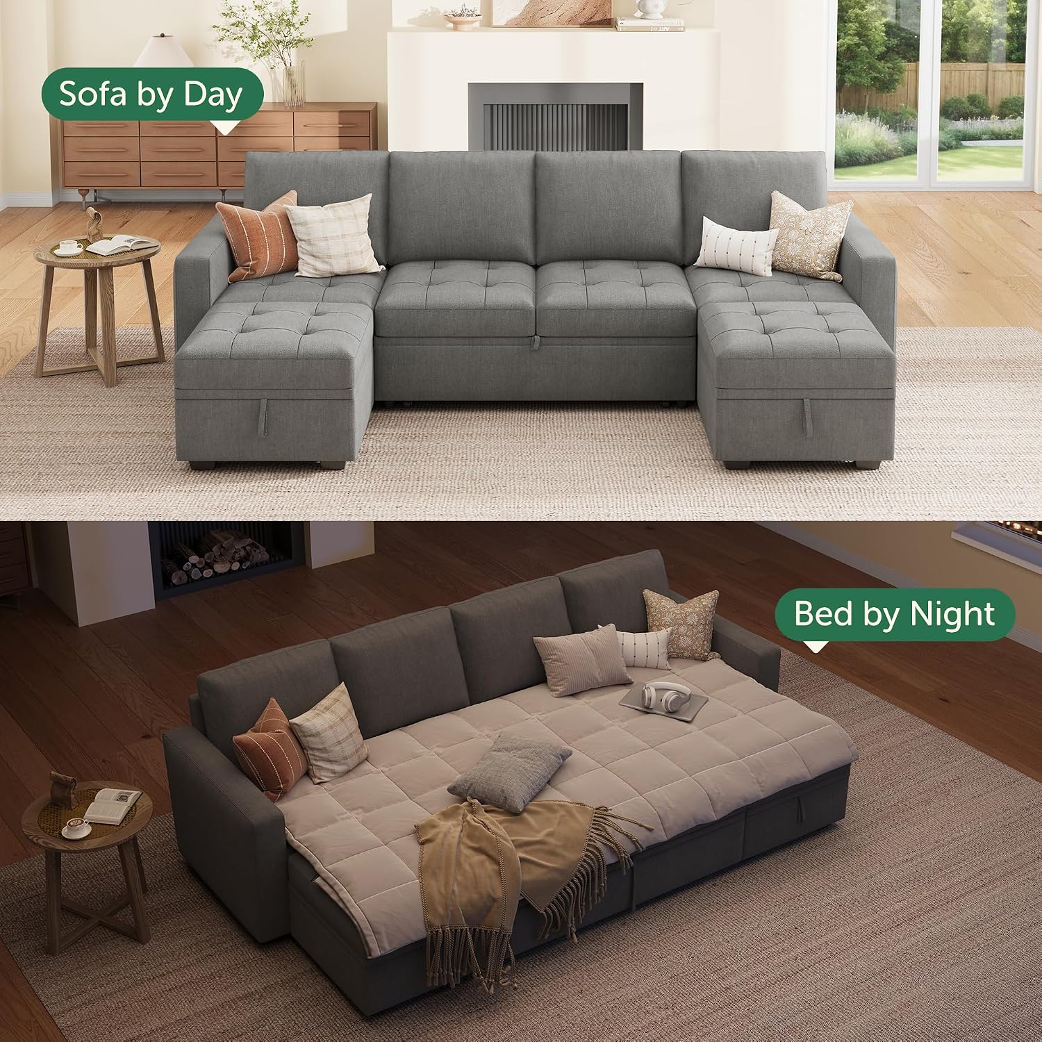 HONBAY Modular Sectional Sleeper Sofa with Pull Out Bed,U Shaped Couch with Storage Seat,Sectional Couches for Living Room,Warm Grey