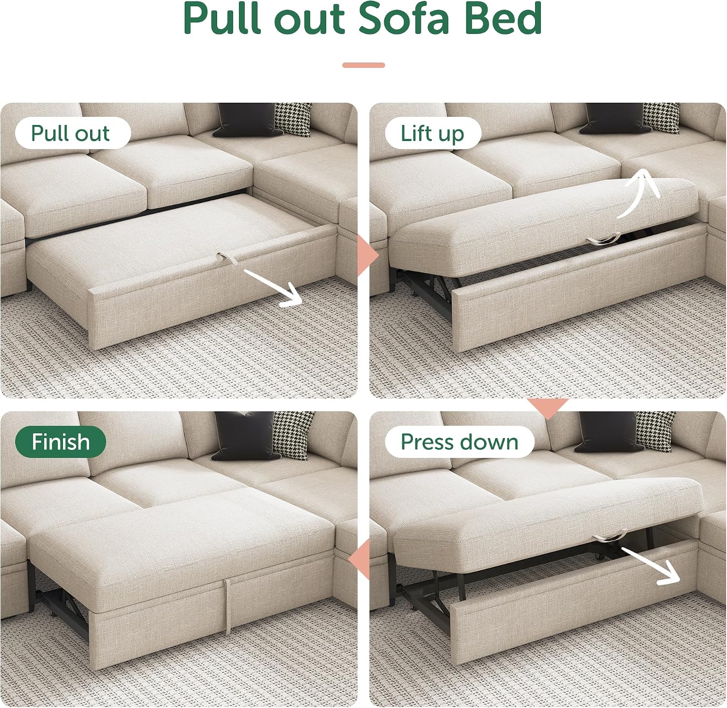 HONBAY Sleeper Sectional Couch with Pull Out Bed, Modular Sofa with Storage Seats, U Shaped Sectional Couches for Living Room, Beige
