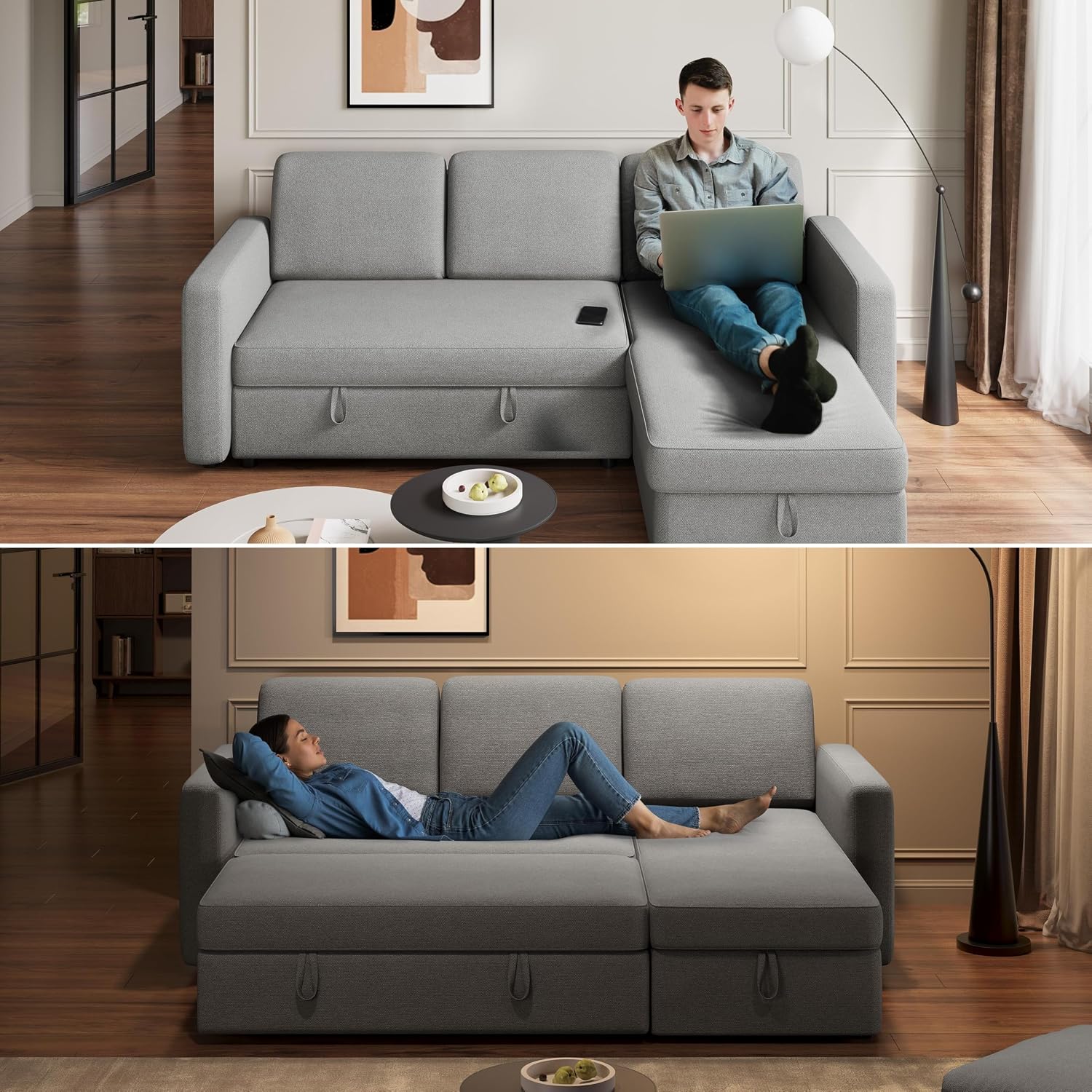 Yaheetech Sectional Sofa L-Shaped Sofa Couch Bed w/Chaise & USB, Reversible Couch Sleeper w/Pull Out Bed & Storage Space Living Room Light Gray