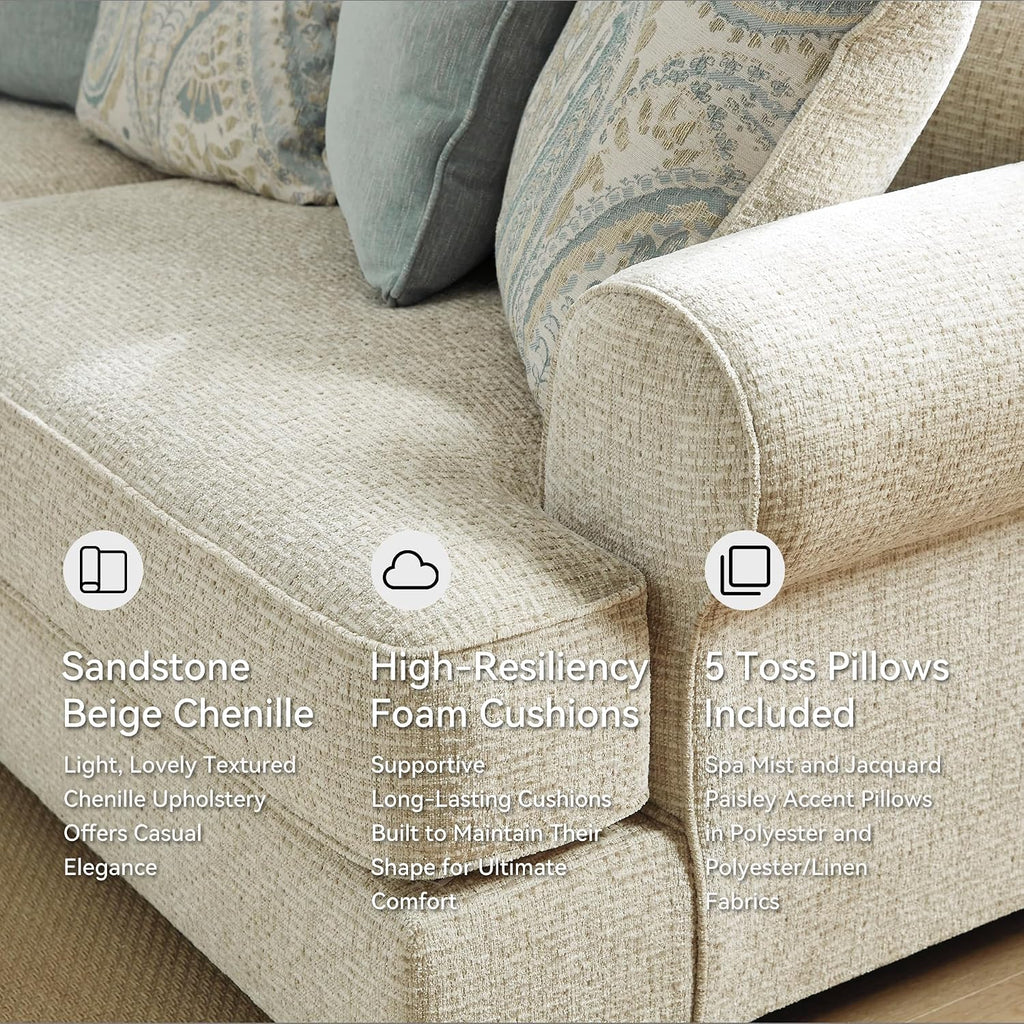 Signature Design by Ashley Monaghan Vintage Sofa with Accent Pillows, Reversible Cushions and Rolled Arms, Beige