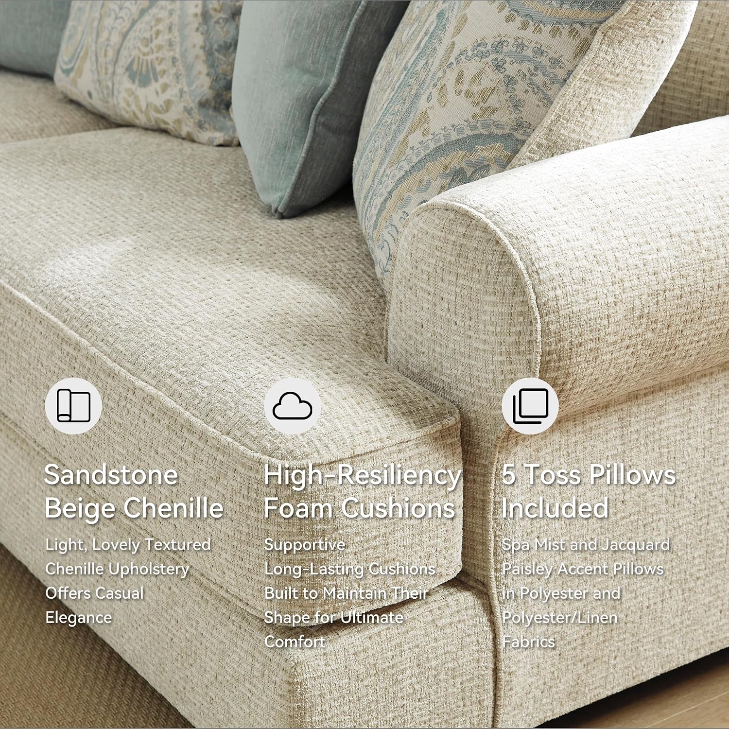 Signature Design by Ashley Monaghan Vintage Sofa with Accent Pillows, Reversible Cushions and Rolled Arms, Beige