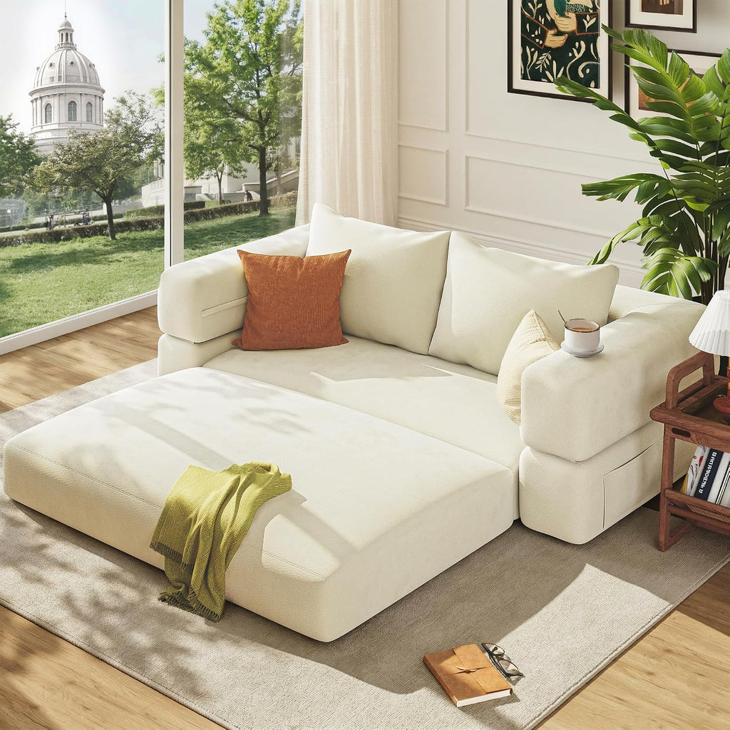 75'' Folding Convertible Sofa Bed with Large Pillow, 4-in-1 Foldable Pull Out Futon Sofa Bed, Chenille Boneless Mattress Couch, No Assembly Floor Sleeper Sofa Bed for Living Room/Bedroom, Beige