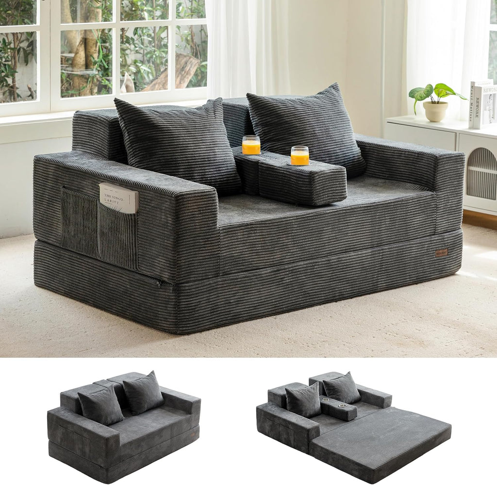 MAXYOYO Loveseat Sofa Bed, 64' Foldable Floor Sofa Couch in A Box with 2 Cup Holders, 4 in 1 Convertible Boneless Couch Folding Recliner Sleeper Chair for Living Room,Charcoal Grey