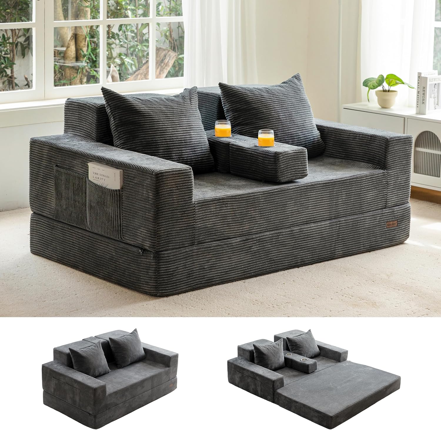 MAXYOYO Loveseat Sofa Bed, 64' Foldable Floor Sofa Couch in A Box with 2 Cup Holders, 4 in 1 Convertible Boneless Couch Folding Recliner Sleeper Chair for Living Room,Charcoal Grey