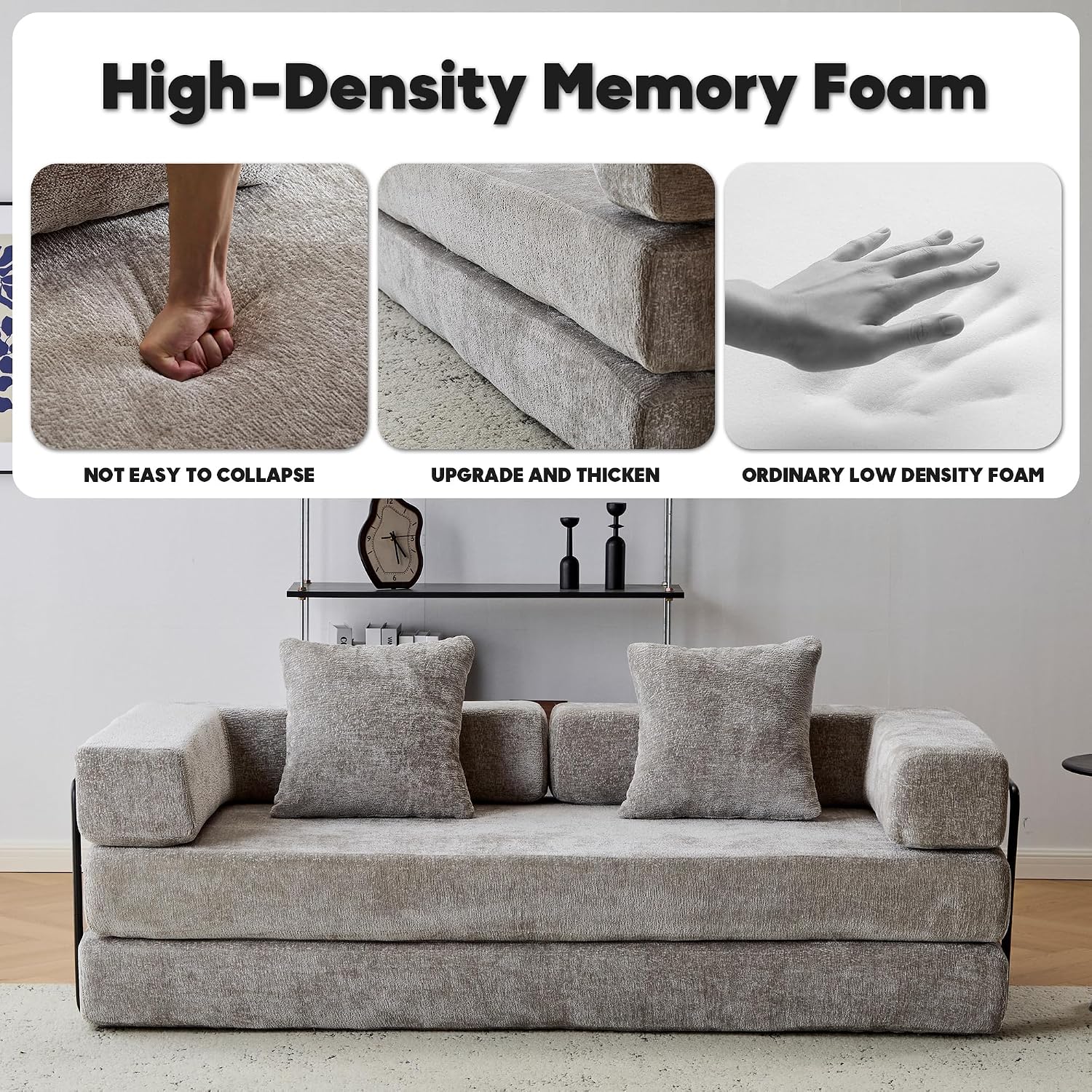 ZEIINPA Convertible Floor Sofa Bed with Fixed-Shape Frame, Modular Chenille Folding Mattress Couch with Armrest, Floor Sofa Lounge Couch for Living Room Bedroom Lounge Studio,Light Grey