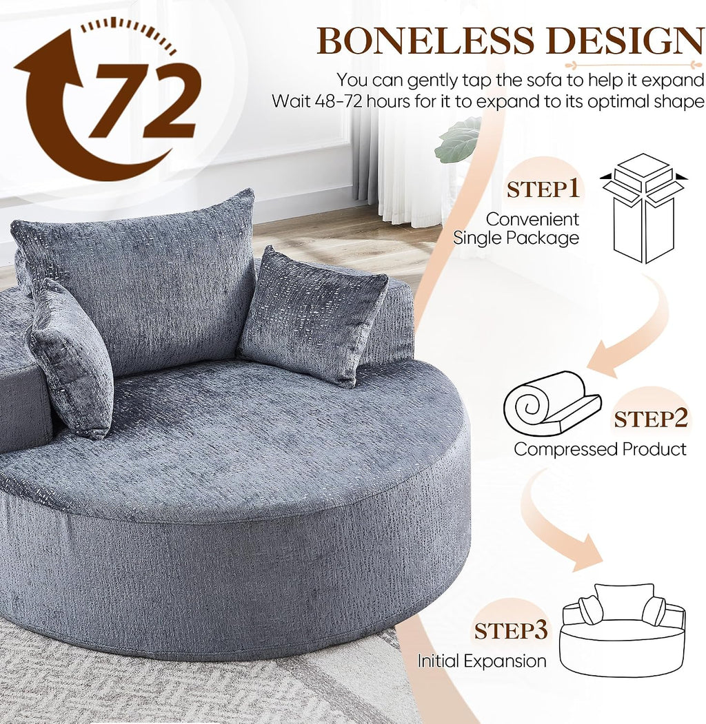 Oversized Round Chaise Longue Chair Indoor, Modern 55-inch Upholstered Chenille Deep Seat Circle Single Cloud Lounge Floor Sofa Chair for Living Room, Bedroom Apartment, Grey