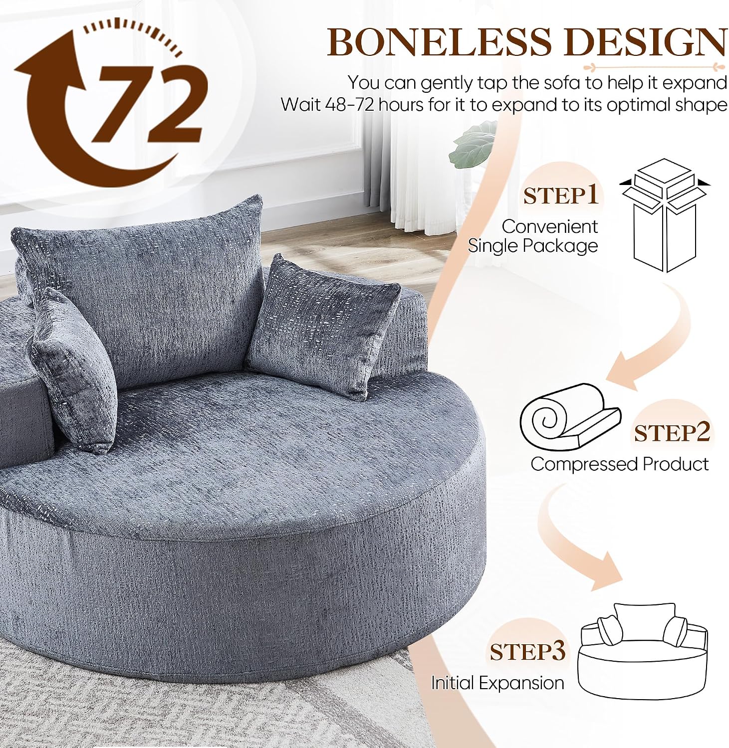 Oversized Round Chaise Longue Chair Indoor, Modern 55-inch Upholstered Chenille Deep Seat Circle Single Cloud Lounge Floor Sofa Chair for Living Room, Bedroom Apartment, Grey