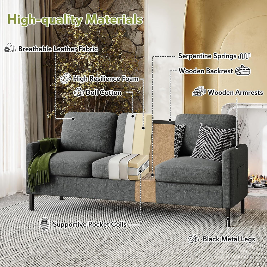 STHOUYN 72' W 3 Seater Couch with 2 USB, Comfy Grey Couch with 2 Pockets, Living Room Sofas with Reinforced Steel Frame, Cheap Sofas for Small Spaces, Dorm, Bedroom