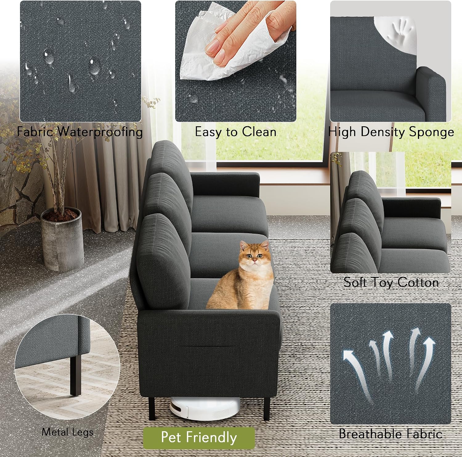 STHOUYN 72' W 3 Seater Couch with 2 USB, Comfy Grey Couch with 2 Pockets, Living Room Sofas with Reinforced Steel Frame, Cheap Sofas for Small Spaces, Dorm, Bedroom